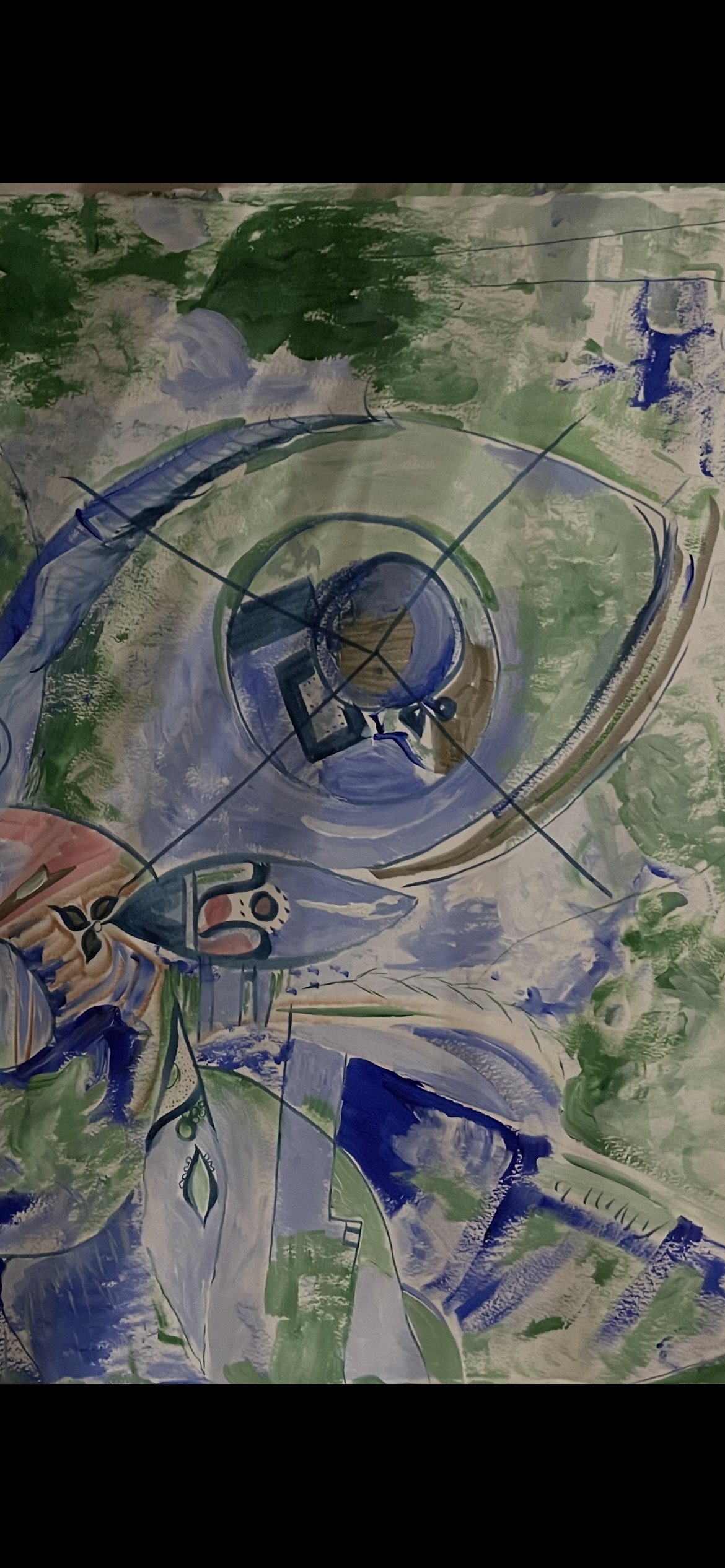 Abstract painting with a spiral form in greens and blues. Original artwork by Lauren