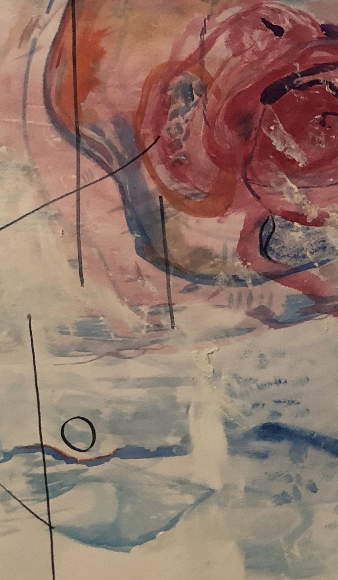 Abstract watercolor painting in coral, pink, and blue. Original artwork by Lauren